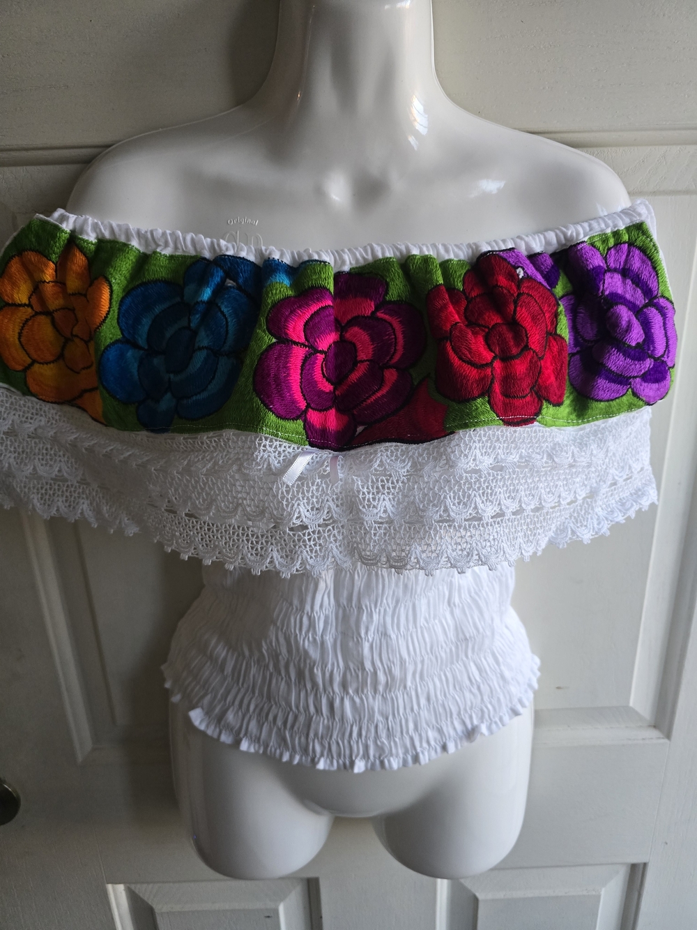 Boho Off-Shoulder Floral Embroidered White Women's Top